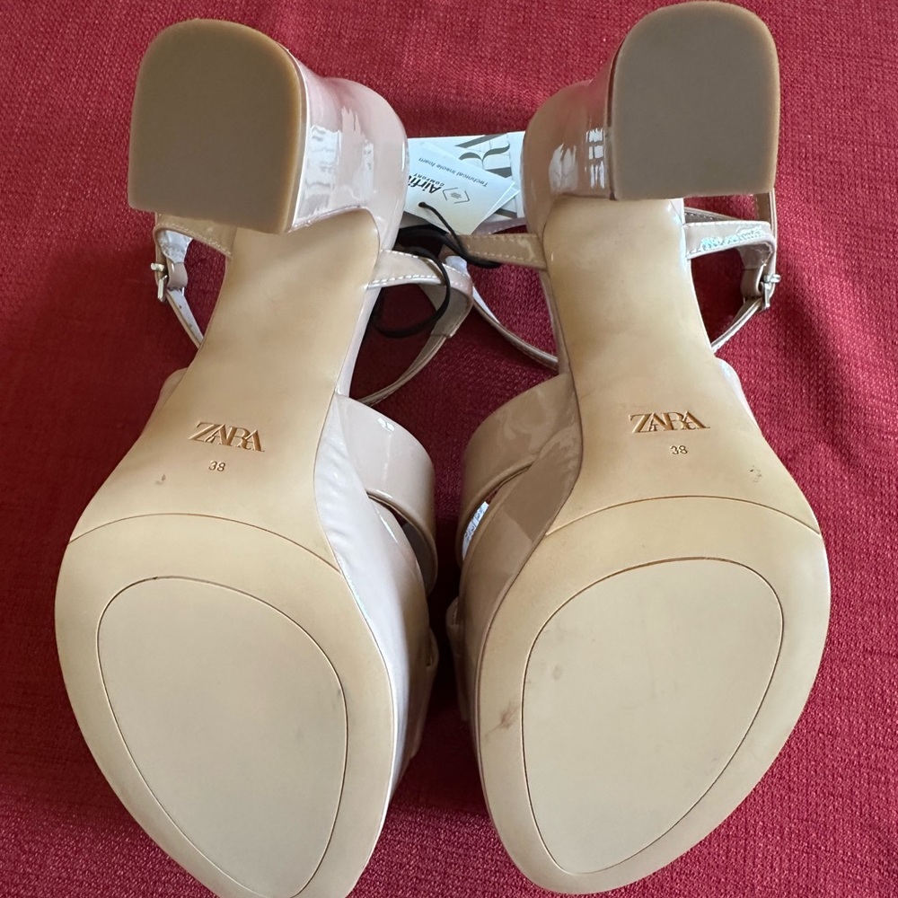ZARA Nude Patent Crisscross Ankle-Strap Platform Sandals, NWT, 7.5 - Picture 3 of 10